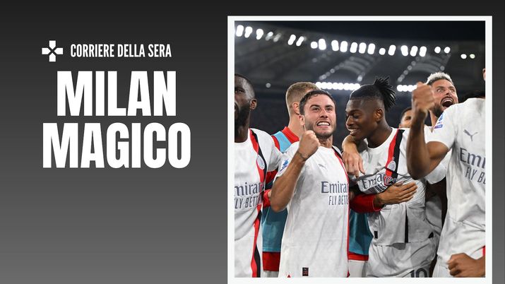 Rafael Leao (attaccante AC Milan) esulta per il suo gol in Roma-Milan 1-2 (Serie A 2023-2024) | News (Getty Images) Rafael Leao AC Milan Roma-Milan 1-2 Serie A 2023-2024