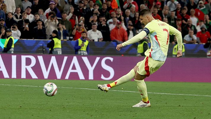 MUNICH, GERMANY - JUNE 08: Alvaro Morata of Spain misses a penalty during the UEFA Nations League 2025 final match between Portugal and Spain at Munich Football Arena on June 08, 2025 in Munich, Germany. (Photo by Lars Baron/Getty Images)  Morata