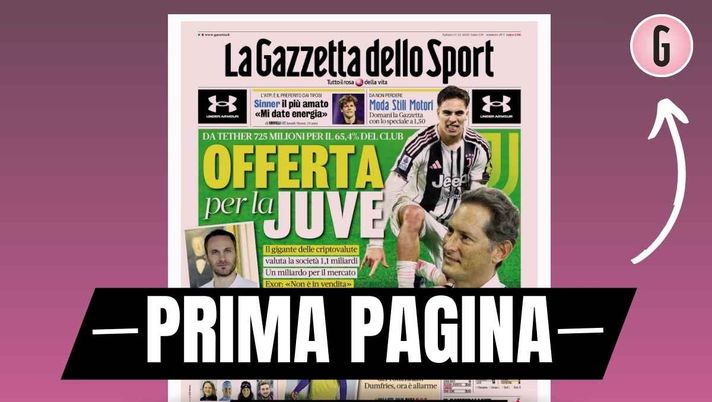La Gazzetta dello Sport, la prima pagina di oggi, sabato 13 dicembre 2025 Prima pagina Gazzetta dello Sport: 'Tether, offerta per la Juve. Exor: 'Non è in vendita''