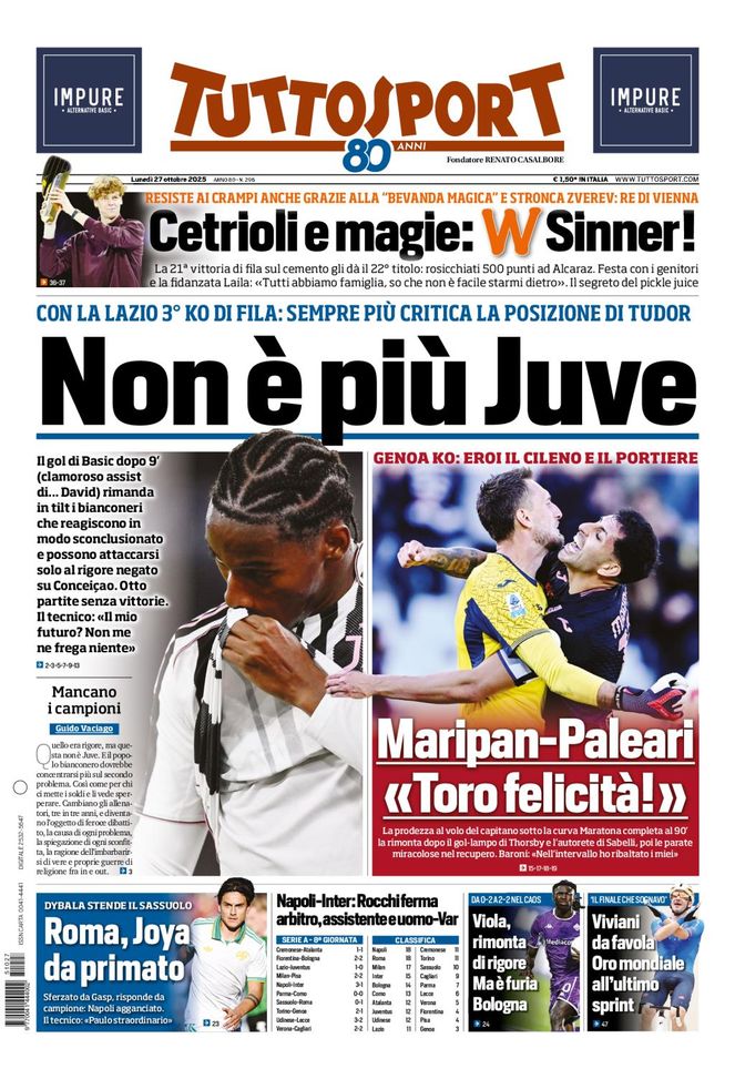 Tuttosport, la prima pagina di oggi, lunedì 27 ottobre 2025 Tuttosport