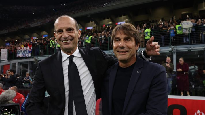 MILAN, ITALY - SEPTEMBER 28: Head coach of AC Milan Massimiliano Allegri shakes hands with head coach of SSC Napoli Antonio Conte before the Serie A match between AC Milan and SSC Napoli at Giuseppe Meazza Stadium on September 28, 2025 in Milan, Italy. (Photo by Claudio Villa/AC Milan via Getty Images) allegri conte