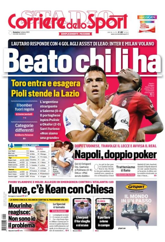 Prima pagina de Il Corriere dello Sport 01-10-2023