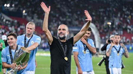 PIRAEUS, GREECE - AUGUST 16: Pep Guardiola of Manchester City gestures after the UEFA Super Cup 2023 match between Manchester City FC and Sevilla FC at Karaiskakis Stadium on August 16, 2023 in Piraeus, Greece. (Photo by Harry Langer/DeFodi Images via Getty Images)