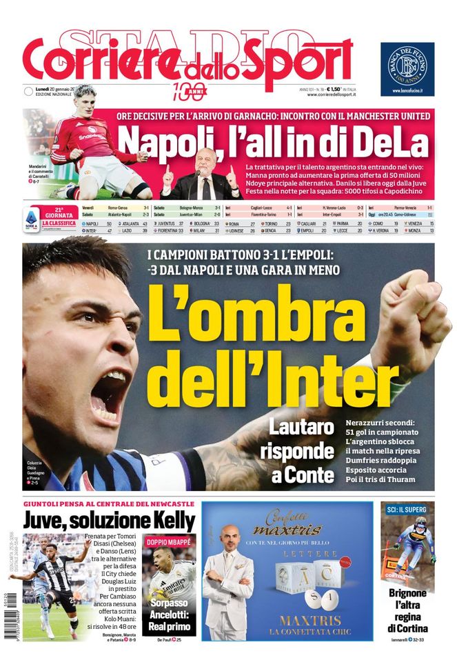 Il Corriere dello Sport, la prima pagina di oggi, lunedì 20 gennaio 2025 Il Corriere dello Sport