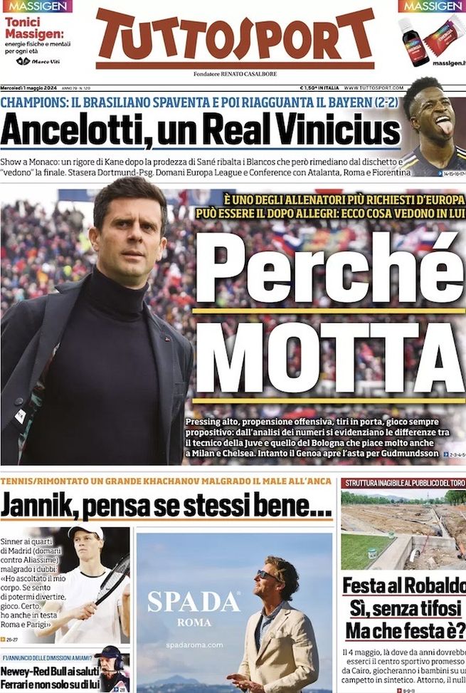 Tuttosport, la prima pagina di oggi, mercoledì 1° maggio 2024 Tuttosport