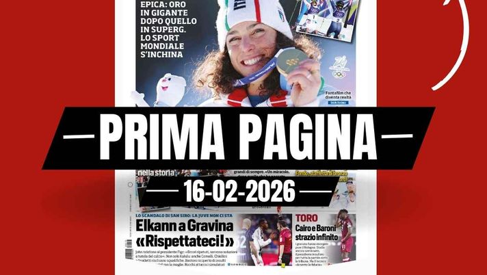 Tuttosport, la prima pagina di oggi, lunedì 16 febbraio 2026 Prima pagina Tuttosport: 'Elkann a Gravina: 'Rispettateci!'. Toro: Cairo e Baroni, strazio infinito'