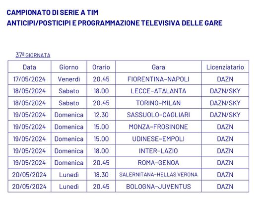 UFFICIALE – Serie A, anticipi e posticipi della 37ª giornata: Inter-Lazio domenica 19 alle 18- immagine 3