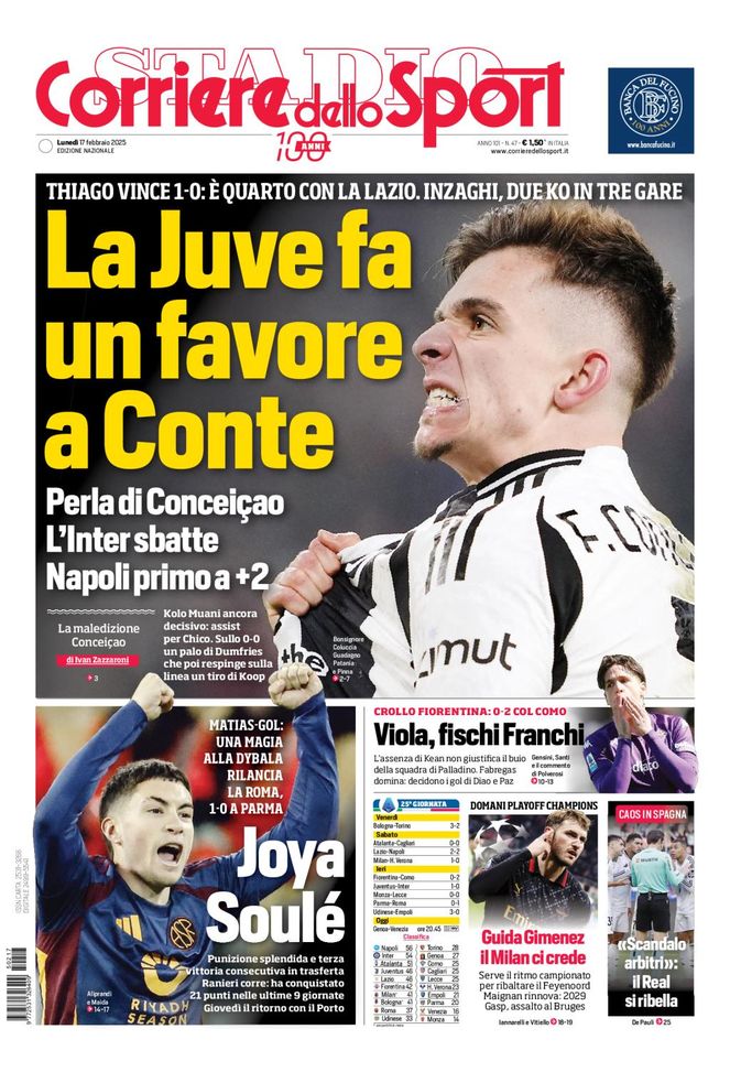 Il Corriere dello Sport, la prima pagina di oggi, lunedì 17 febbraio 2025 Il Corriere dello Sport