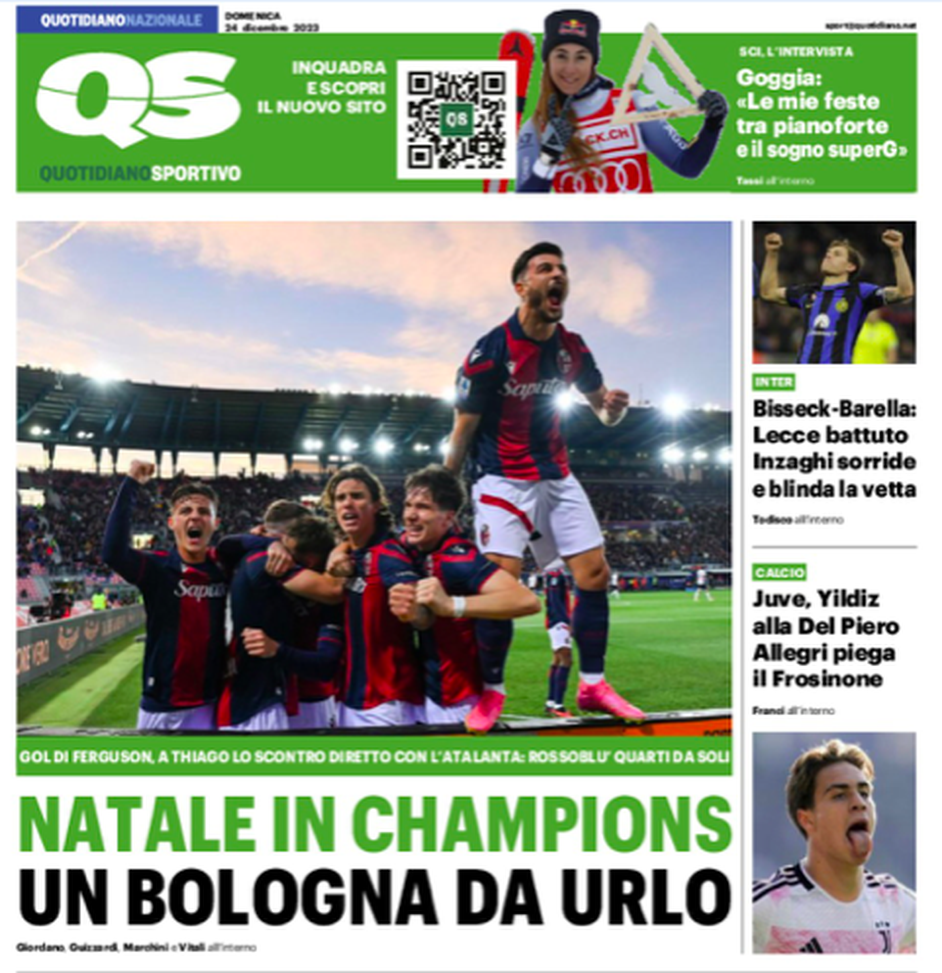 Bologna quarto a due punti dal Milan: le aperture dei giornali- immagine 2