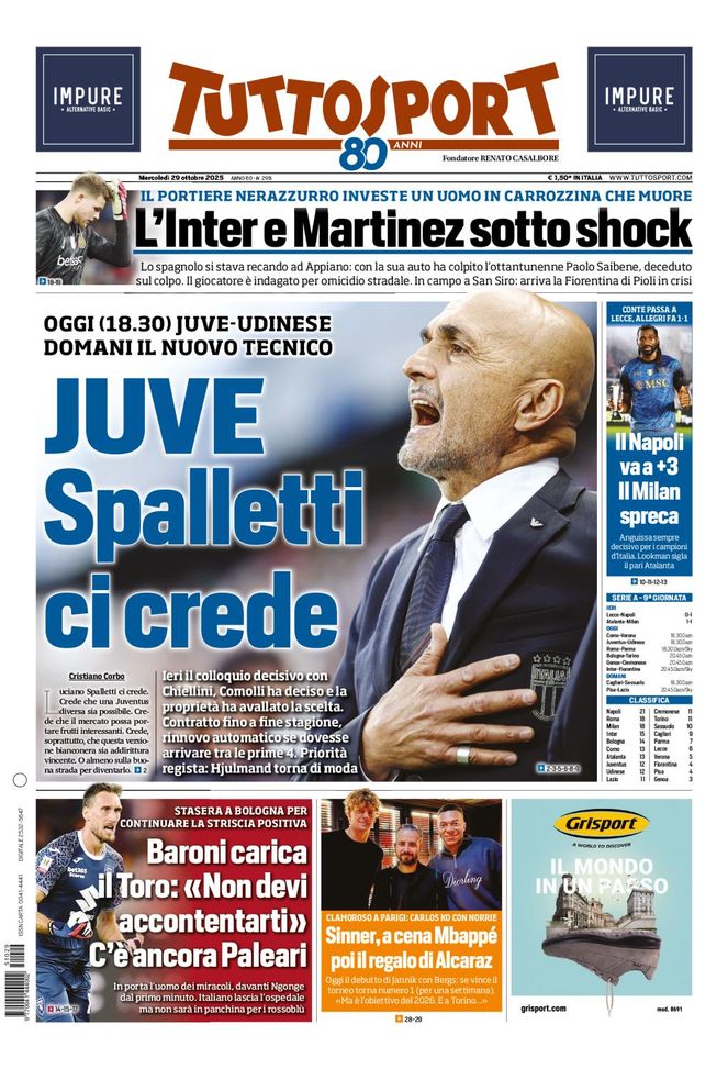 Tuttosport, la prima pagina di oggi, mercoledì 29 ottobre 2025 Tuttosport