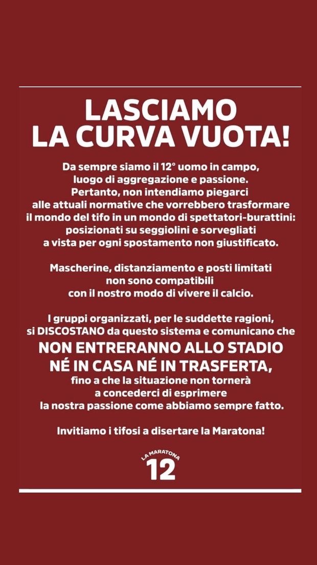 Toro, il comunicato della Maratona: “Vogliono spettatori-burattini, disertiamo la curva”- immagine 2