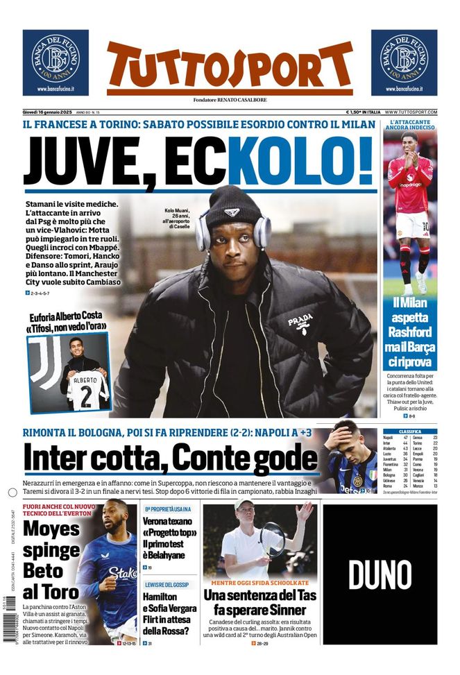Tuttosport, la prima pagina di oggi, giovedì 16 gennaio 2025 Tuttosport