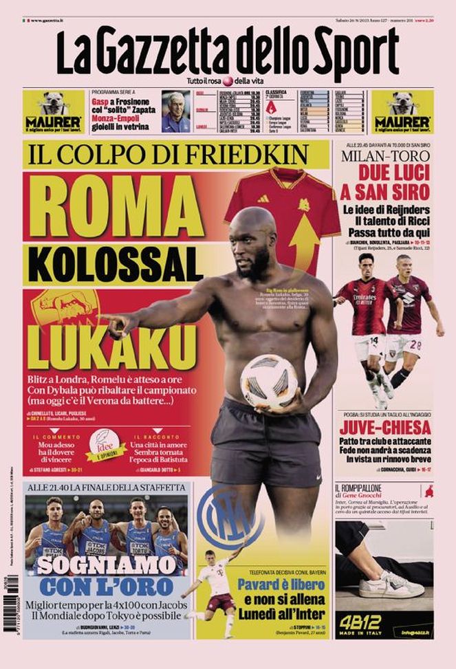 Prima pagina La Gazzetta dello Sport 26-08-2023