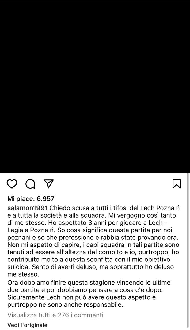 Salamon, le scuse sui social dopo la sconfitta del Lech Poznan nel derby- immagine 2