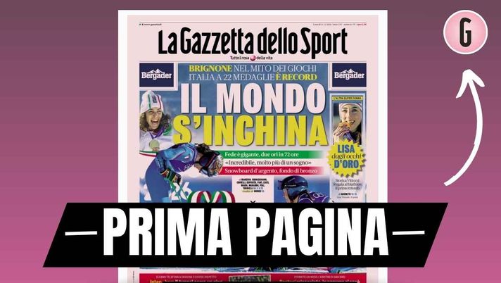 Prima pagina Gazzetta dello Sport: 'Inter-Juve, il tunnel come un ring. Bastoni minacciato'