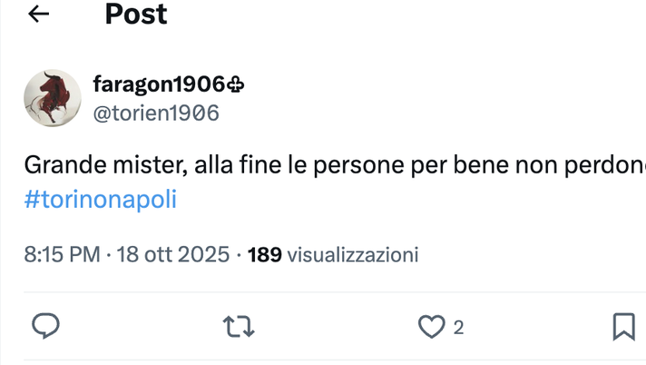 Toro-Napoli 1-0, le reazioni social: “Grande mister, le brave persone non perdono mai” Toro-Napoli 1-0, le reazioni social: “Grande mister, le brave persone non perdono mai” - immagine 1