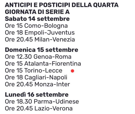 Torino-Lecce: gli orari della quarta giornata di Serie A- immagine 2