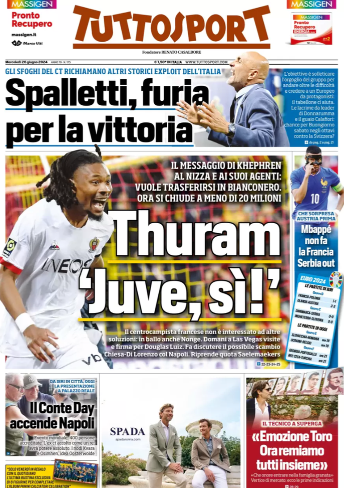 EDICOLA TS / Thuram “Juve, sì!”. Il Conte Day accende il Napoli EDICOLA TS / Thuram “Juve, sì!”. Il Conte Day accende il Napoli - immagine 1