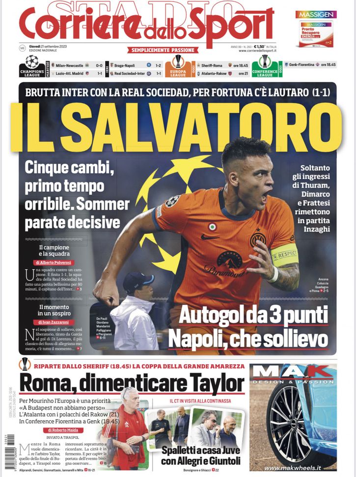 La prima pagina de Il Corriere dello Sport 21-09-2023