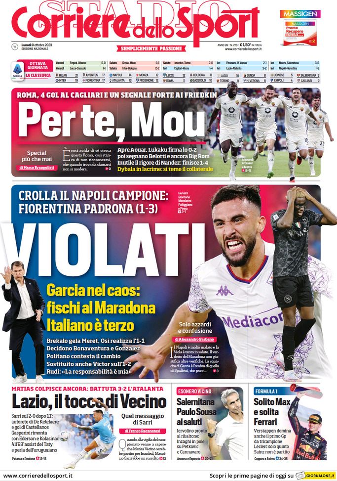 Il Corriere dello Sport, la prima pagina di oggi, lunedì 9 ottobre 2023 Il Corriere dello Sport