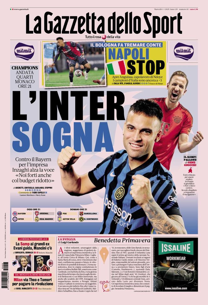 Prima Pagina Gazzetta dello Sport 08-04-2025