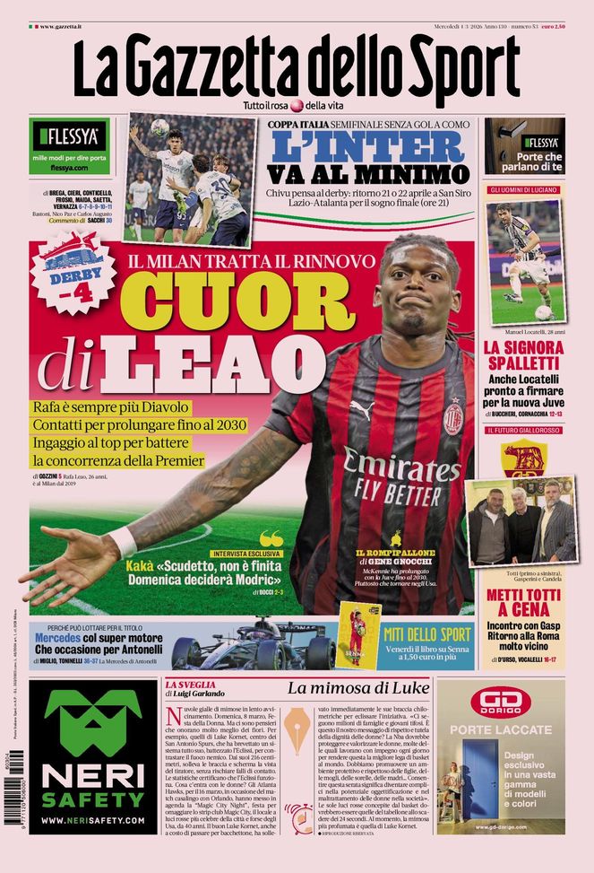 La Gazzetta dello Sport, la prima pagina di oggi, mercoledì 4 marzo 2026 La Gazzetta dello Sport