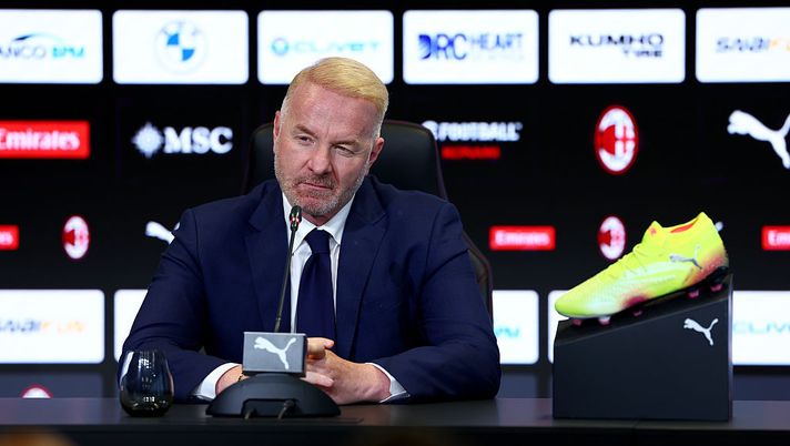 MILAN, ITALY - JULY 09: Igli Tare, Sports Director of AC Milan, looks on during the Samuele Ricci press conference at Casa Milan on July 09, 2025 in Milan, Italy. (Photo by Giuseppe Cottini/AC Milan via Getty Images) igli-tare-modric-conferenza-stampa-presentazione-casa-milan-tv-news-dichiarazioni-foto-frasi-parole
