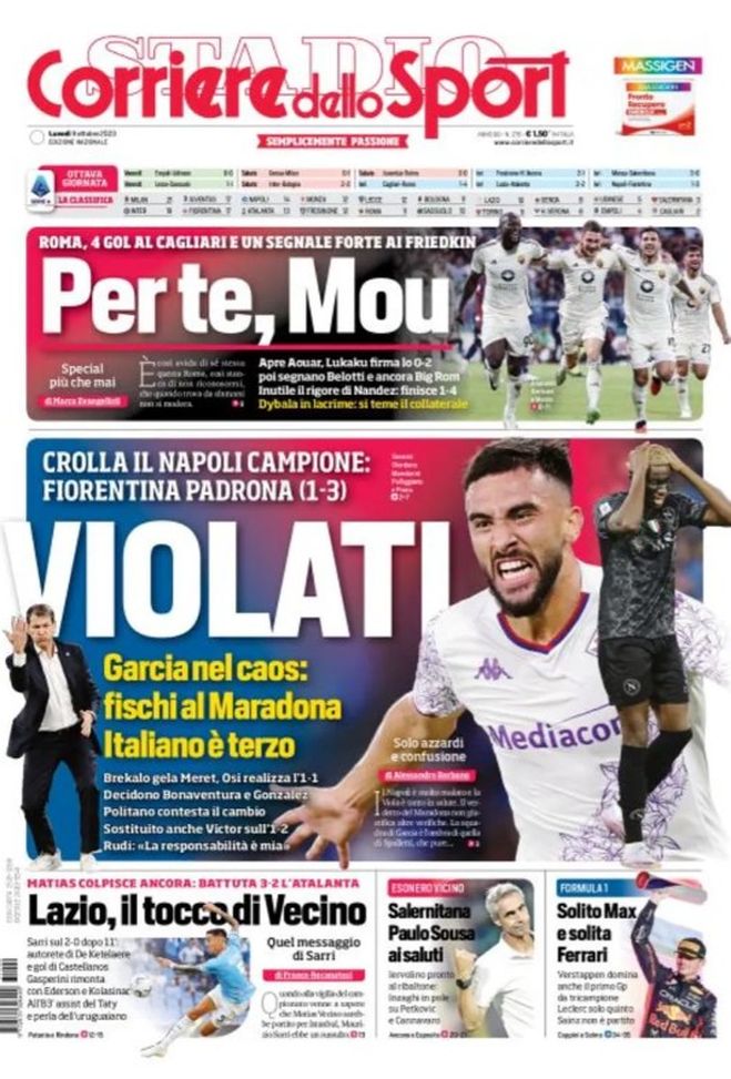 EDICOLA / CdS: “Violati. Crolla il Napoli. Roma, per te Mou” - immagine 1
