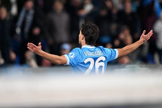 NAPLES, ITALY - JANUARY 31: Antonio Vergara of SSC Napoli celebrates after scoring his sides first goal during the Serie A match between SSC Napoli and ACF Fiorentina at Stadio Diego Armando Maradona on January 31, 2026 in Naples, Italy. (Photo by Francesco Pecoraro/Getty Images)