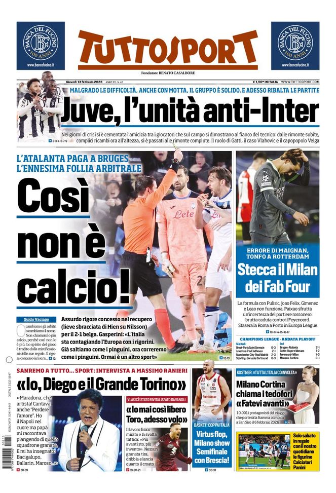 Prima pagina Tuttosport: “Club Brugge-Atalanta, così non è calcio”