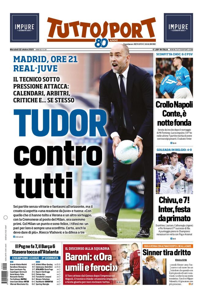 Tuttosport, la prima pagina di oggi, mercoledì 22 ottobre 2025 Tuttosport