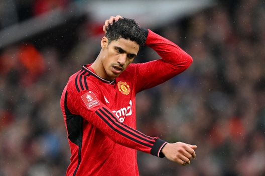 MANCHESTER, ENGLAND - MARCH 17: Raphael Varane of Manchester United reacts during the Emirates FA Cup Quarter Final between Manchester United and Liverpool FC at Old Trafford on March 17, 2024 in Manchester, England. (Photo by Michael Regan/Getty Images)