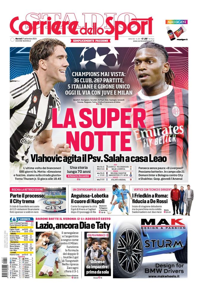 Prima Pagina Corriere dello Sport 17 settembre