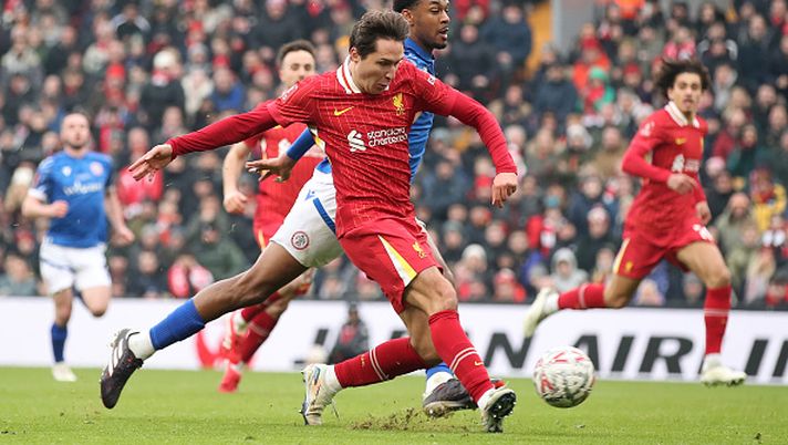 LIVERPOOL, ENGLAND - JANUARY 11: Federico Chiesa of Liverpool shoots at goal during the Emirates FA Cup Third Round match between Liverpool and Accrington Stanley at Anfield on January 11, 2025 in Liverpool, England. (Photo by Jan Kruger/Getty Images)  Chiesa