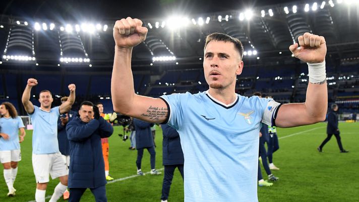 ROME, ITALY - DECEMBER 05: Patric of SS Lazio celebrates a victory after the Italy Frecciarossa Cup match between SS Lazio v Napoli at Stadio Olimpico in Rome on December 05, 2024 in Rome, Italy. (Photo by Marco Rosi - SS Lazio/Getty Images) patric lazio