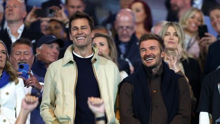 BIRMINGHAM, ENGLAND - SEPTEMBER 16: Tom Brady, Minority Owner of Birmingham City (L) with David Beckham to the Sky Bet League One match between Birmingham City FC and Wrexham AFC at St Andrew’s at Knighthead Park on September 16, 2024 in Birmingham, England. (Photo by Alex Pantling/Getty Images) Tom Brady Birmingham