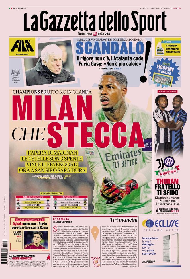 Prima Pagina Gazzetta dello Sport 13 febbraio