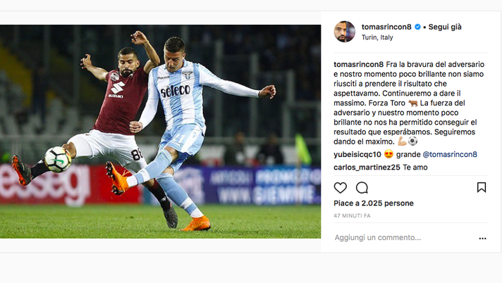 Torino-Lazio 0-1, Rincon assicura: “Continueremo a lottare” Torino-Lazio 0-1, Rincon assicura: “Continueremo a lottare” - immagine 1