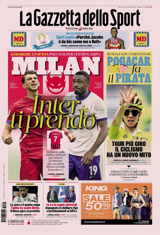 La Gazzetta dello Sport, la prima pagina di oggi, sabato 20 luglio 2024