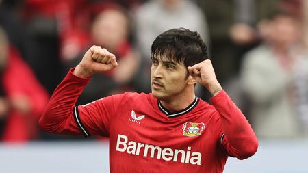 LEVERKUSEN, GERMANY - APRIL 08: Sardar Azmoun of Bayer 04 Leverkusen celebrates after scoring the team's third goal during the Bundesliga match between Bayer 04 Leverkusen and Eintracht Frankfurt at BayArena on April 08, 2023 in Leverkusen, Germany. (Photo by Christof Koepsel/Getty Images)
