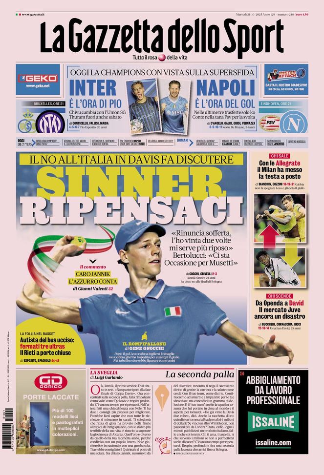 La Gazzetta dello Sport, la prima pagina di oggi, martedì 21 ottobre 2025 La Gazzetta dello Sport