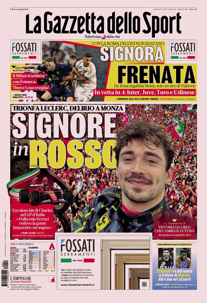 La Gazzetta dello Sport, la prima pagina di oggi, lunedì 2 settembre 2024