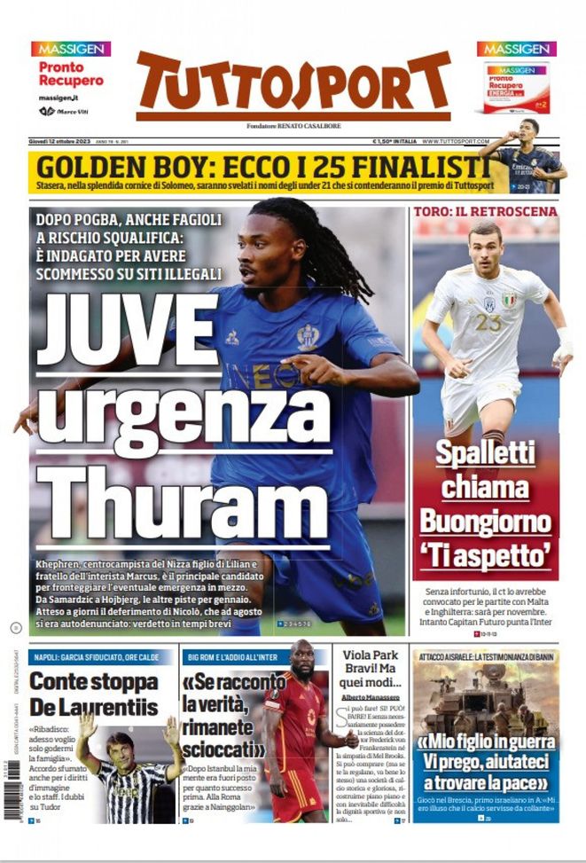 Tuttosport, la prima pagina di oggi, giovedì 12 ottobre 2023 Tuttosport