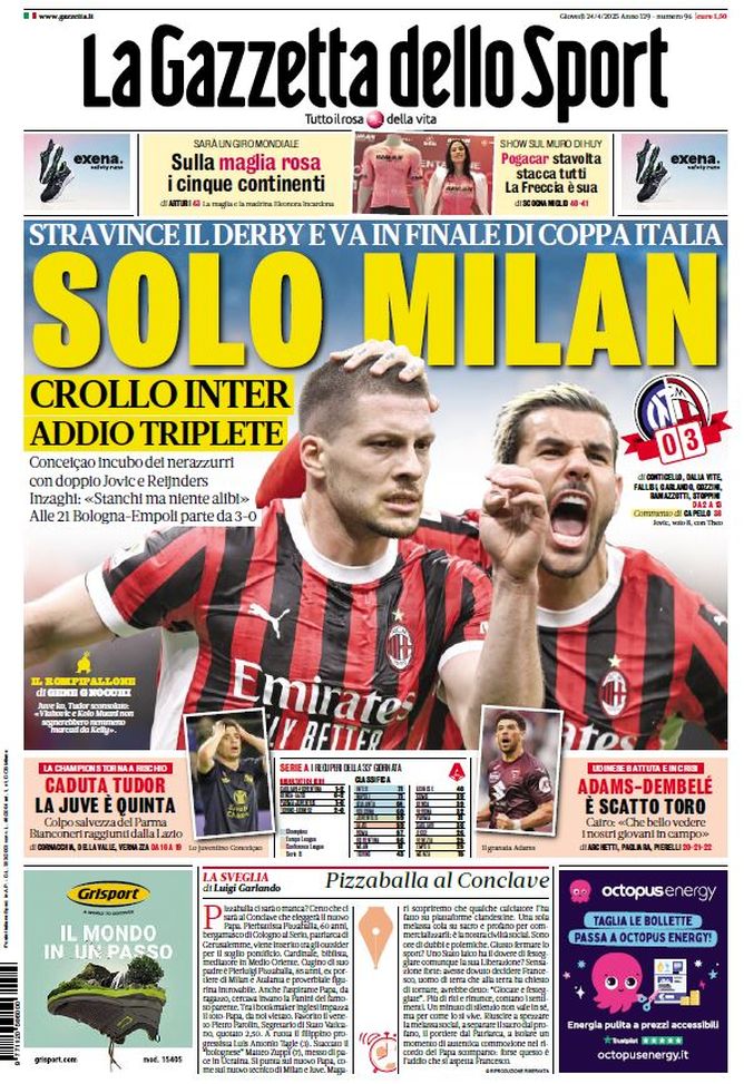 La Gazzetta dello Sport, la prima pagina di oggi, giovedì 24 aprile 2025 La Gazzetta dello Sport