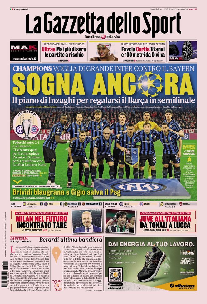 La Gazzetta dello Sport, la prima pagina di oggi, mercoledì 16 aprile 2025