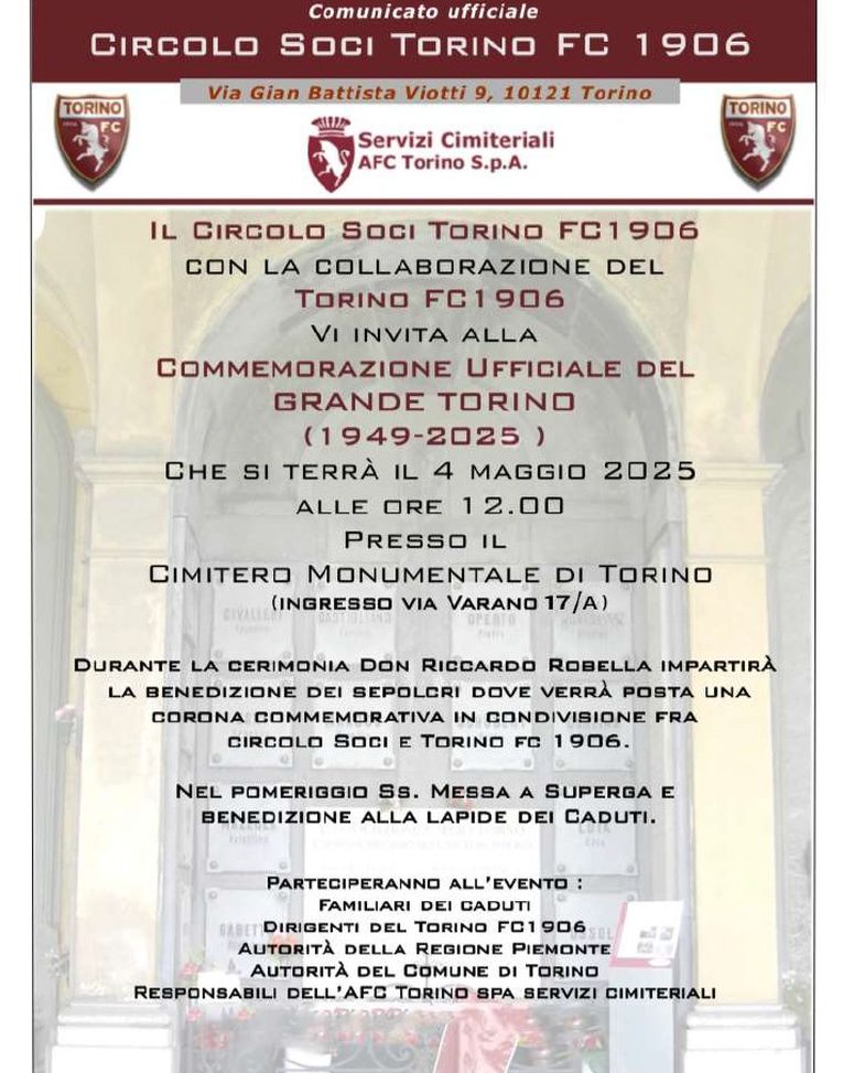 4 maggio, commemorazione ufficiale del Grande Torino al Monumentale: info e orario- immagine 2