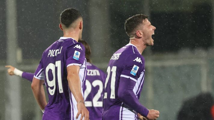 GERMOGLI PH: 13 APRILE 2026 FIRENZE STADIO ARTEMIO FRANCHI CAMPIONATO SERIA A FIORENTINA VS LAZIO NELLA FOTO GOL ESULTANZA GOSENS Gosens