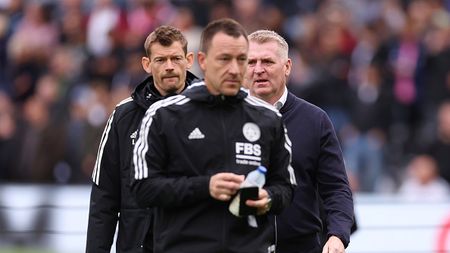 LONDON, ENGLAND - MAY 08: (L to R) Lars Knudsen, First Team Set-Piece Coach, John Terry, First Team Coach of Leicester City, and Dean Smith, Manager of Leicester City, look on as they make their way to the Technical Area prior to the Premier League match between Fulham FC and Leicester City at Craven Cottage on May 08, 2023 in London, England. (Photo by Warren Little/Getty Images)