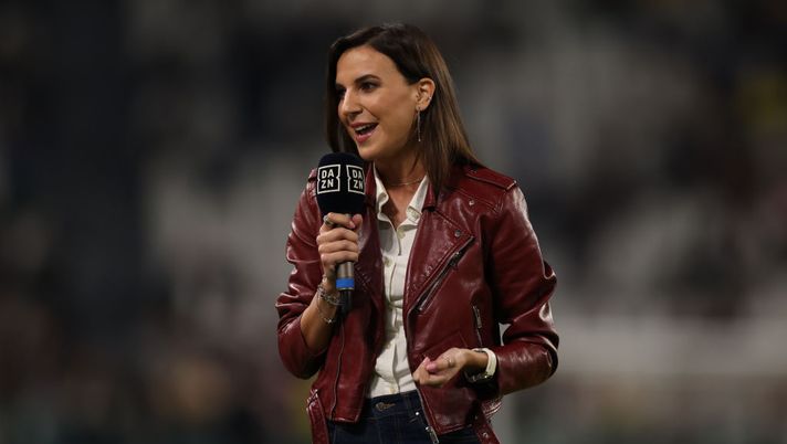 TURIN, ITALY - OCTOBER 02: Federica Zille reacts as she presents the fixture for DAZN prior to kick off in the Serie A match between Juventus and Bologna FC at Allianz Stadium on October 02, 2022 in Turin, Italy. (Photo by Jonathan Moscrop/Getty Images) Open VAR