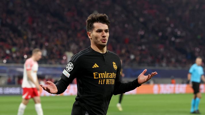 LEIPZIG, GERMANY - FEBRUARY 13: Brahim Diaz of Real Madrid celebrates scoring his team's first goal during the UEFA Champions League 2023/24 round of 16 first leg match between RB Leipzig and Real Madrid CF at Red Bull Arena on February 13, 2024 in Leipzig, Germany. (Photo by Alexander Hassenstein/Getty Images) brahim diaz napoli
